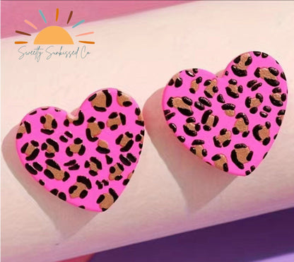 Leopard Print Heart Acrylic Valentine Stud Earrings