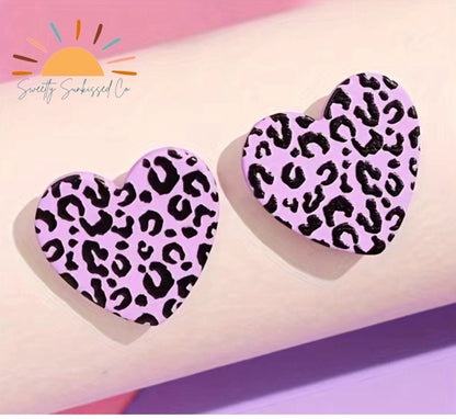 Leopard Print Heart Acrylic Valentine Stud Earrings